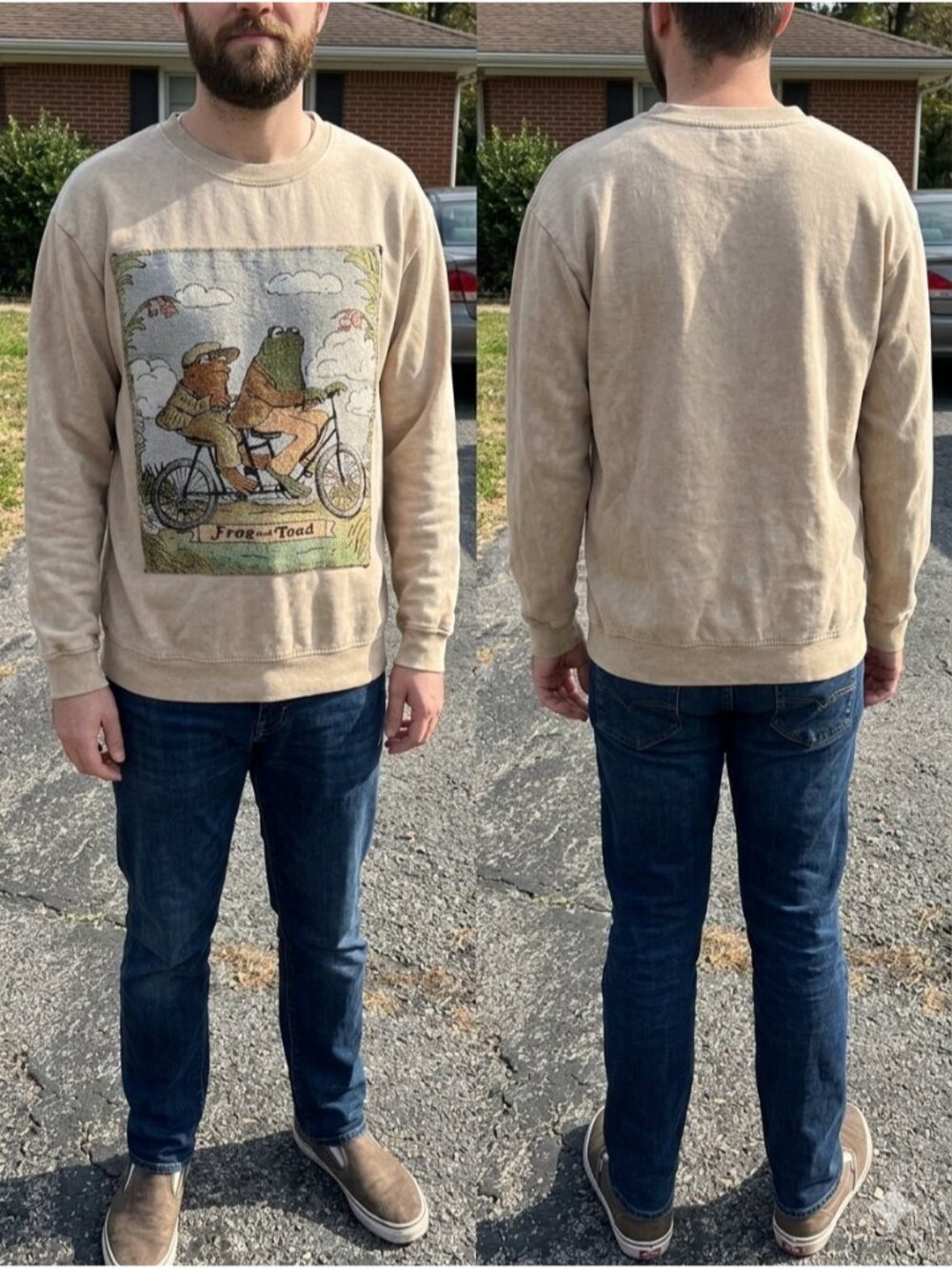 Frog and Toad Together Tapestry Patch Sweatshirt Crewneck M Tan Acid Wash Book